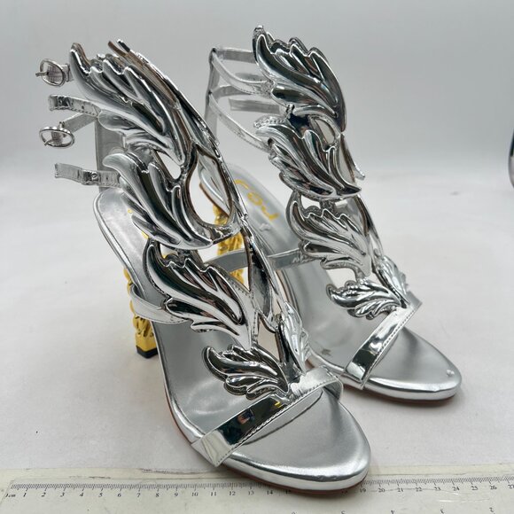 FSJ Silver Flame Gold Metal Chain Thick High Heel Sandals Open Toe Strappy Shoes - Picture 4 of 8